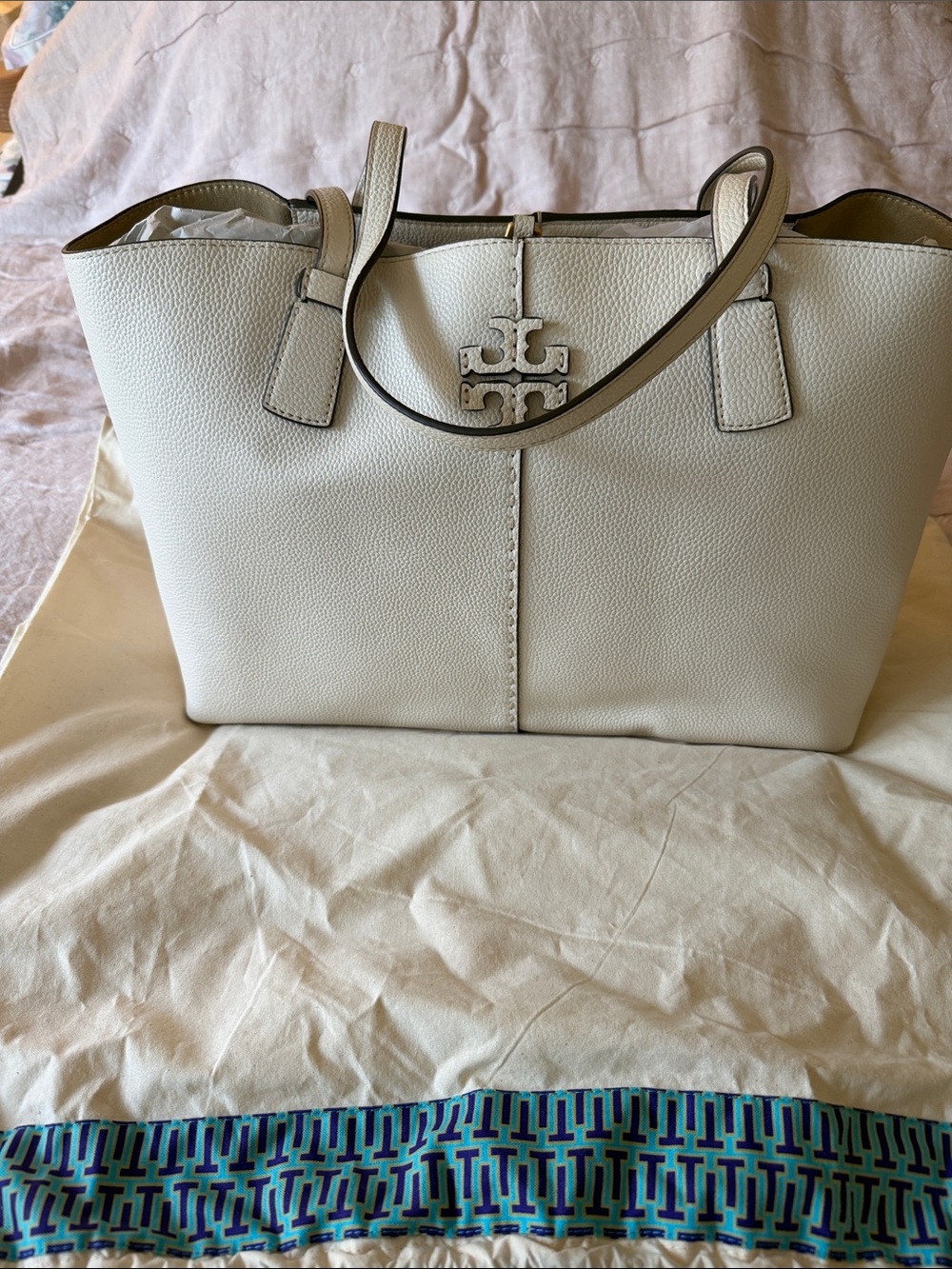 Tory Burch Pebbled Leather Ivory Tote with Logo Charm